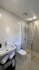 ein Bad mit einem WC, einem Waschbecken und einer Dusche in der Unterkunft Casa Goldberg in Paguera
