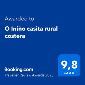 Ett certifikat, pris eller annat dokument som visas upp på O Iniño casita rural costera