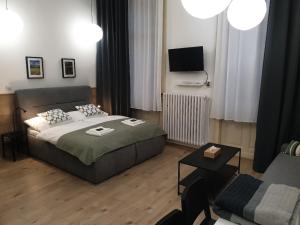 1 dormitorio con 1 cama y sala de estar en Apartmán Pribina, en Nitra
