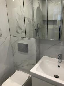 baño blanco con ducha y lavamanos en COMFORT GRAŻYŃSKIEGO 7A en Katowice