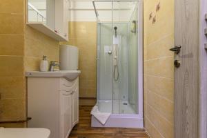 y baño con ducha y lavamanos. en JAD - Family Apartments & Studios, en Brasov
