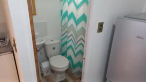 a bathroom with a toilet and a green and white shower curtain at Departamentos villamar guanaquero in Coquimbo