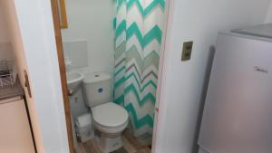 a bathroom with a toilet and a green and white shower curtain at Departamentos villamar guanaquero in Coquimbo +44 photos