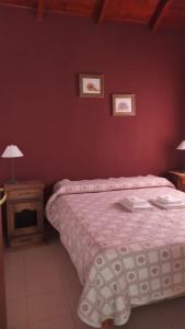 a bedroom with a bed and a red wall at Los Cerezos in La Cumbre