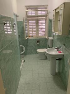 La salle de bains est pourvue d'un lavabo, de toilettes et d'une douche. dans l'établissement Anita Guest House, à Tivat
