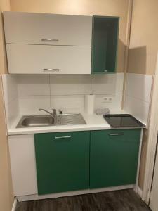 a kitchen with green and white cabinets and a sink at Zentrales Studio in Bremen! in Bremen