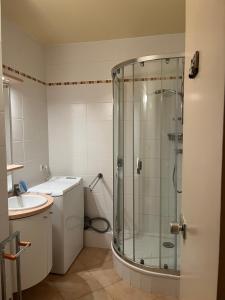 een badkamer met een douche en een wastafel bij Vue mer et parking in La Rochelle