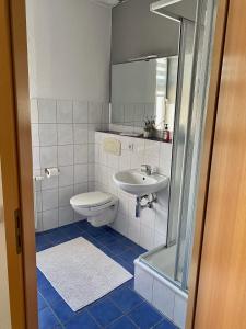 a bathroom with a toilet and a sink at Blue Max Parkzimmer in Großenhain