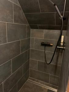 La salle de bains est pourvue d'une douche avec un tuyau. dans l'établissement Hiša Pod gorami II****-house with wellness, à Kranjska Gora