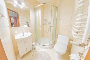 a bathroom with a shower and a toilet and a sink at Willa Szafir in Kołobrzeg
