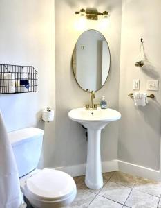 W łazience znajduje się umywalka, toaleta i lustro. w obiekcie Best location to see all of Nashville w mieście Nashville
