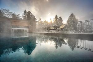 a house with a pool of water with trees in the background at Hotel Paradies in Tires