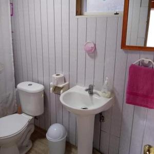 La salle de bains est pourvue de toilettes blanches et d'un lavabo. dans l'établissement CABAÑAS QUELLON, à Quellón