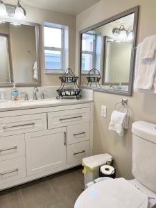een badkamer met een toilet, een wastafel en spiegels bij Harmonious Suites in North Miami Beach