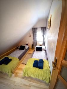 シフィエラドゥフ・ズドルイにあるKoronaの屋根裏部屋 ベッド2台 黄色と青の枕付