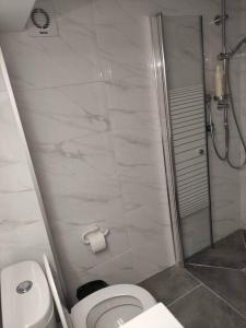 a bathroom with a toilet and a shower at יחידת אירוח חדשה ומקסימה בכרמיאל in Karmiel