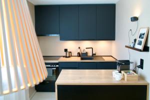 a kitchen with dark blue cabinets and a sink at Sonnige Panorama Aussicht bei Davos Lenzerheide in Schmitten