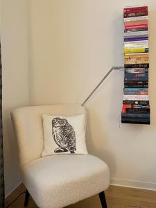 a chair with an owl pillow sitting next to a stack of dvds at Sonnige Panorama Aussicht bei Davos Lenzerheide in Schmitten