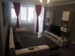 een woonkamer met een bank en een televisie bij Dolce Casa 2 in Lupeni