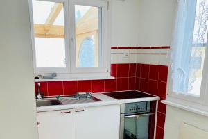 a kitchen with a sink and a red tiled wall at Cozy Corner - CharmingStay in Flumserberg