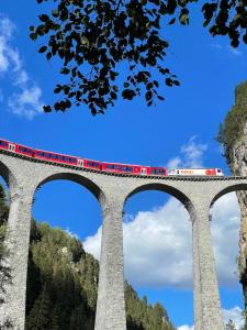 a train on a bridge with a blue sky at Sonnige Panorama Aussicht bei Davos Lenzerheide in Schmitten