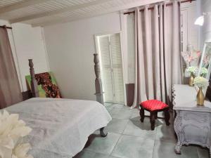 ein Schlafzimmer mit einem Bett, einem Stuhl und einem Fenster in der Unterkunft villa La Mérédith in Le Lamentin