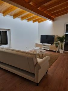 sala de estar con sofá y TV en Casinha do Orjal, en Ponte de Lima