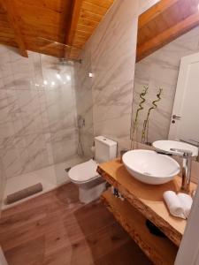 ein Badezimmer mit einem Waschbecken, einem WC und einer Badewanne in der Unterkunft Casinha do Orjal in Ponte de Lima