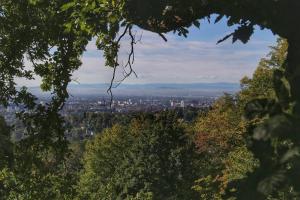 a view of the city from the trees in the foreground at Wohnen im Grünen in Graz