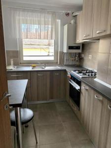 a small kitchen with a stove and a window at Central Quick, private parking in Cluj-Napoca