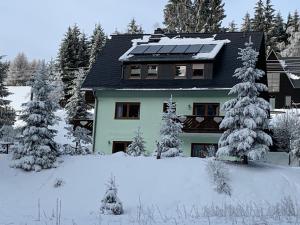 una casa con un panel solar en la nieve en Ferienwohnungen Börnert, en Tellerhäuser