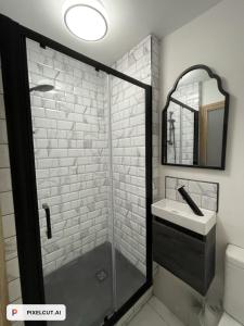 uma casa de banho com um chuveiro, um lavatório e um espelho. em CF14 em Cardiff