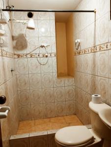 y baño con ducha, aseo y lavamanos. en Bonito Departamento Sur de Quito, en Quito