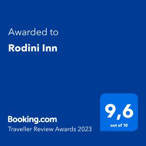 Een certificaat, prijs of ander document dat getoond wordt bij Rodini Inn