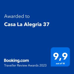 Сертификат, награда, табела или друг документ на показ в Casa La Alegria 37