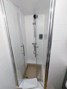 eine Dusche mit Glastür im Bad in der Unterkunft Le nid d'hirondelle in Gertwiller