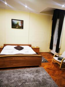 a bedroom with a large bed and a chair at Baross-hat 5 in Szolnok