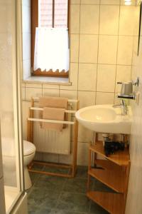 a bathroom with a sink and a toilet at Pension Kronenburghof in Erfurt