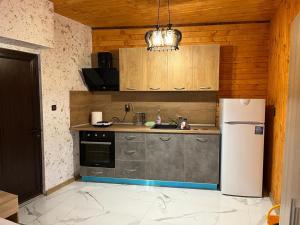 cocina con nevera blanca y fregadero en Апартаменти Dream en Sarnitsa