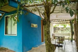 a blue wall with a table and a tree at AKASHA Atelier Santa Helena, Sana in Sana