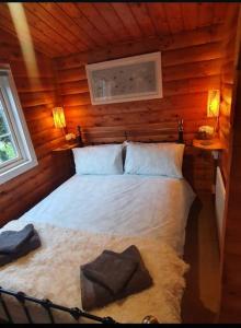 a bedroom with a bed in a wooden cabin at Great Escapes,Rhinog mountain View in Trawsfynydd