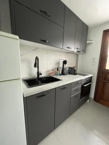 a kitchen with a sink and a white refrigerator at Sea View Loft in Nea Roda