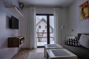 un soggiorno con divano e una grande finestra di Apartment Natalija a Kopaonik
