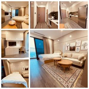 a collage of four pictures of a hotel room at NK#Homestay#Vinhomes#Oceanpark#1PN#C6 in Gia Lâm Pho