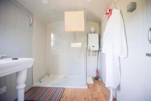 a bathroom with a shower and a sink and a shower at The Showman's Waggon in Hexham