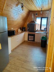 a kitchen in a log cabin with a refrigerator at Cabana Alpin in Vatra Dornei
