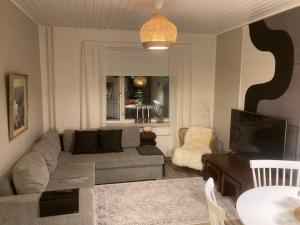 a living room with a couch and a tv at Mukava saunallinen kaksio omalla sisäänkäynnillä ja ilmaisella autopaikalla in Kuopio