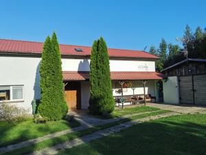 een huis met twee bomen ervoor bij Dom Gościnny Bliżej Gwiazd in Nacmierz