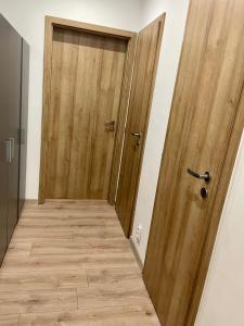 - une porte en bois dans une chambre dotée de parquet dans l'établissement City Ela Center, à Košice