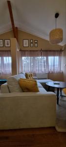 Un dormitorio con una cama grande y una sala de estar en Apartman Green Lux, en Vrnjačka Banja 13 fotos más